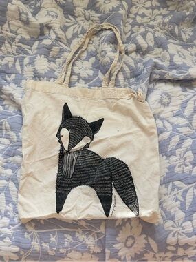 Canvas Tote Bag with Black Fox Illustration - Unbranded
